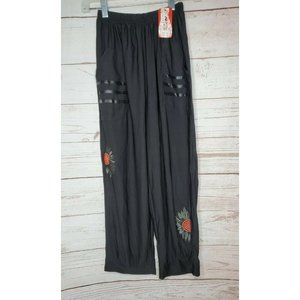 Rare Haomei XXL Floral Black Elastic Waist #803 %100 Polyester Stretch Pants